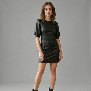 Y2K Inspired Black Faux Leather Mini Dress Size Small Puffy Short Sleeve Lined